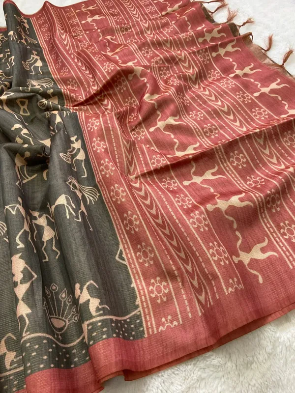 Soft_Tussar_Silk_sarees_with_Beautiful_Digital_Print_With_Attractive_Checks_Design_Saree_And_Digital_Print_Blouse_With_Tassels