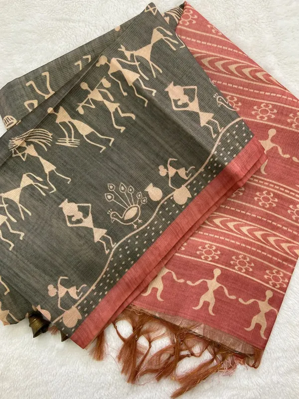 Soft_Tussar_Silk_sarees_with_Beautiful_Digital_Print_With_Attractive_Checks_Design_Saree_And_Digital_Print_Blouse_With_Tassels