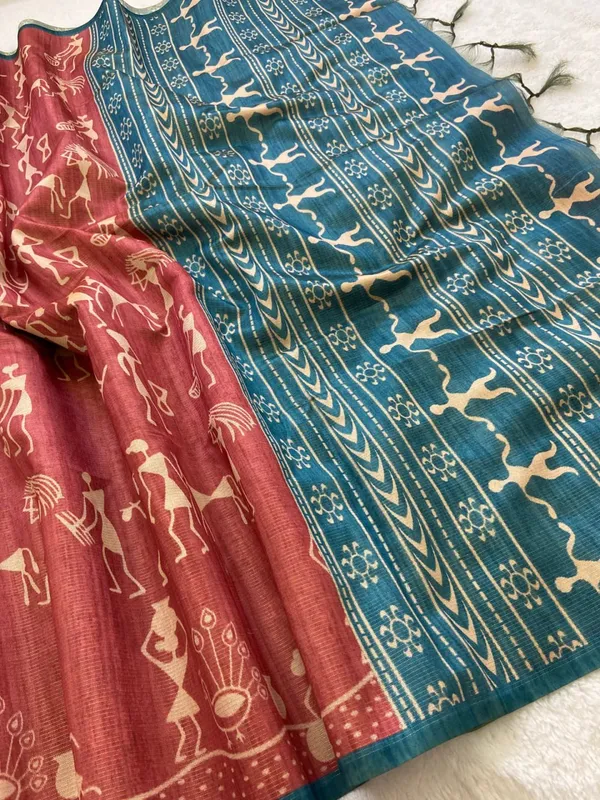 Soft_Tussar_Silk_sarees_with_Beautiful_Digital_Print_With_Attractive_Checks_Design_Saree_And_Digital_Print_Blouse_With_Tassels