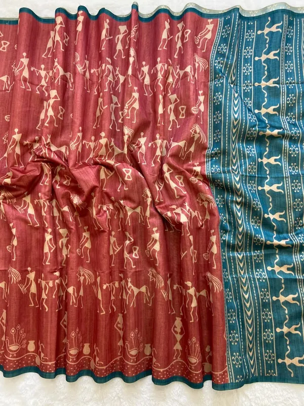 Soft_Tussar_Silk_sarees_with_Beautiful_Digital_Print_With_Attractive_Checks_Design_Saree_And_Digital_Print_Blouse_With_Tassels