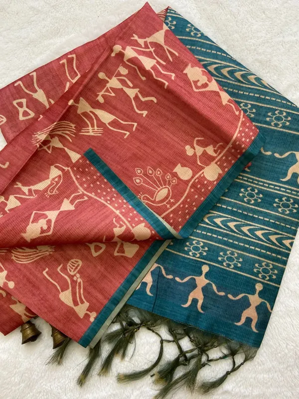 Soft_Tussar_Silk_sarees_with_Beautiful_Digital_Print_With_Attractive_Checks_Design_Saree_And_Digital_Print_Blouse_With_Tassels