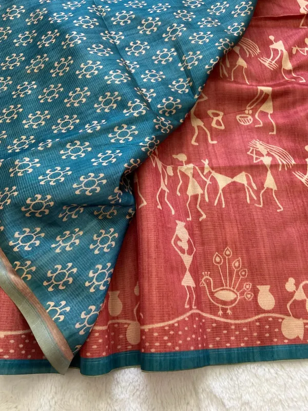Soft_Tussar_Silk_sarees_with_Beautiful_Digital_Print_With_Attractive_Checks_Design_Saree_And_Digital_Print_Blouse_With_Tassels
