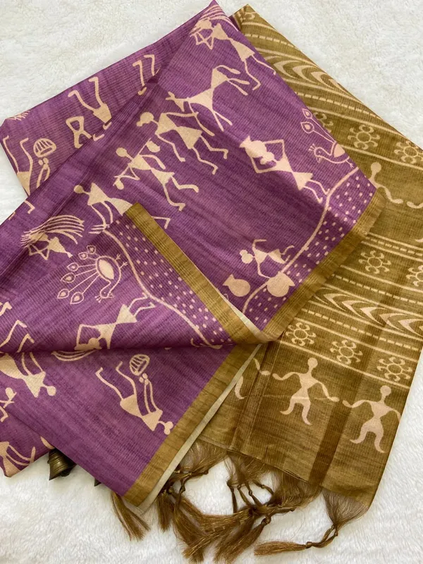 Soft_Tussar_Silk_sarees_with_Beautiful_Digital_Print_With_Attractive_Checks_Design_Saree_And_Digital_Print_Blouse_With_Tassels