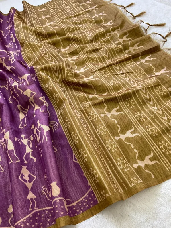 Soft_Tussar_Silk_sarees_with_Beautiful_Digital_Print_With_Attractive_Checks_Design_Saree_And_Digital_Print_Blouse_With_Tassels