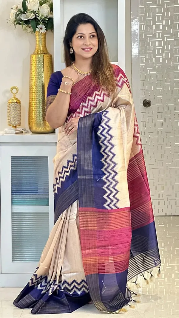 Soft_Tussar_Silk_sarees_with_Beautiful_Digital_Print_With_Attractive_Checks_Design_Saree_And_Digital_Print_Blouse_With_Tassels