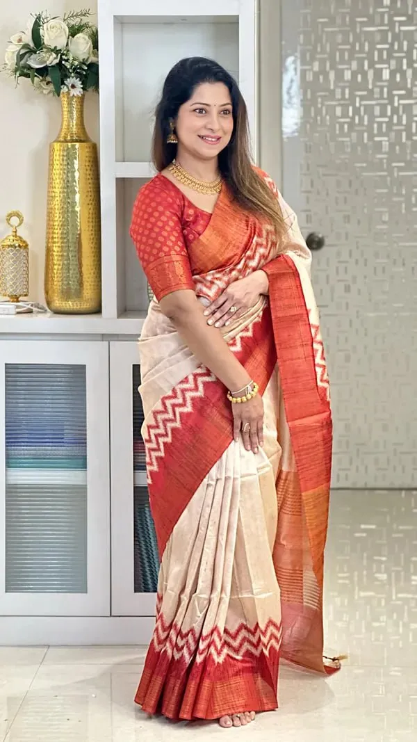 Soft_Tussar_Silk_sarees_with_Beautiful_Digital_Print_With_Attractive_Checks_Design_Saree_And_Digital_Print_Blouse_With_Tassels