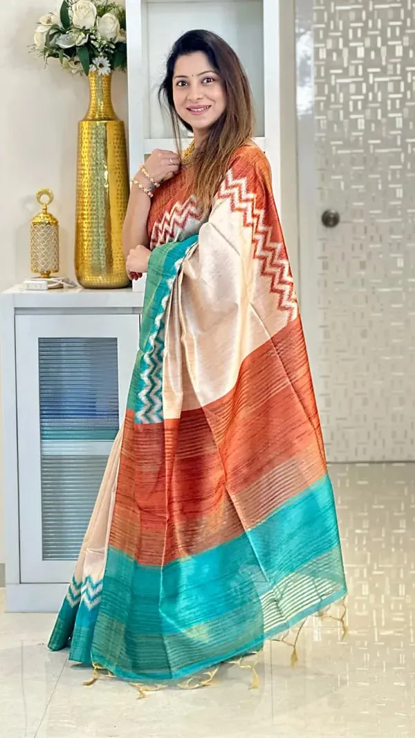 Soft_Tussar_Silk_sarees_with_Beautiful_Digital_Print_With_Attractive_Checks_Design_Saree_And_Digital_Print_Blouse_With_Tassels