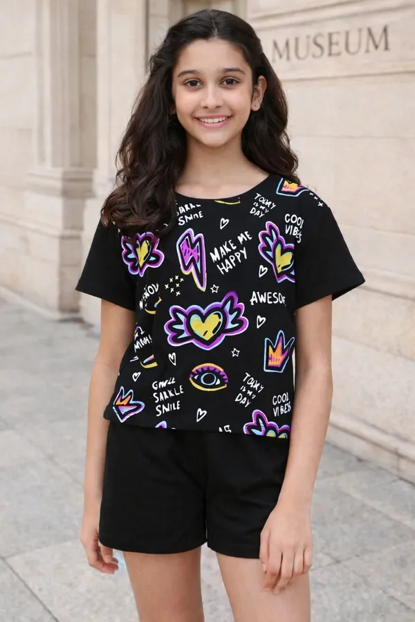 Cotton_Knit_Half_Sleeves_Good_Vibes_Text_Print_Tshirt_&_Shorts-Black