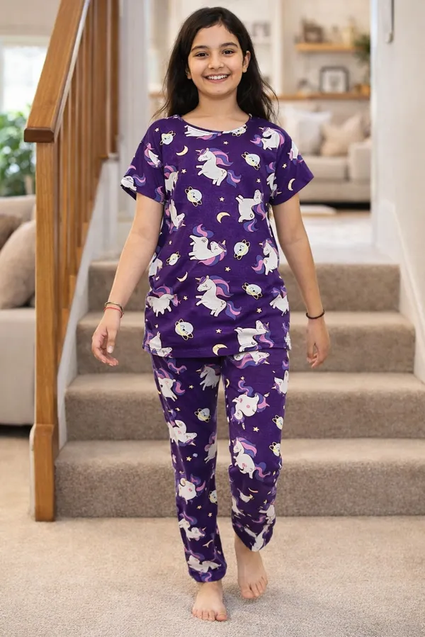 Half_Sleeves_Purple_Unicorn_Coord_Set_for_Girls