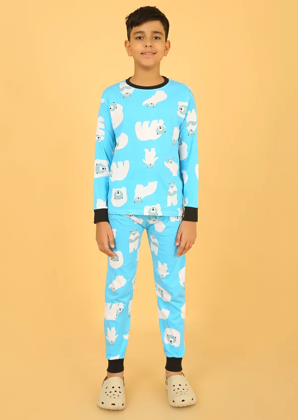 100%_Cotton_Knit_Full_Sleeves_Snow_Bear_Print_Night_Suit_-Light_Blue