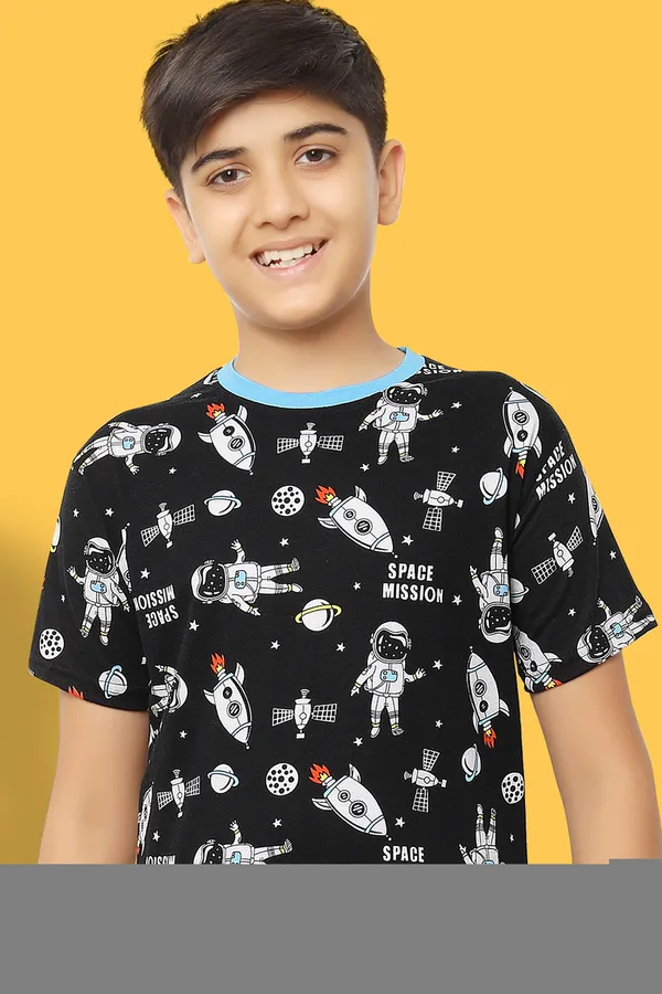 100%_Cotton_Knit_Half_Sleeves_Space_Mission_Print_Night_Suit_-Black