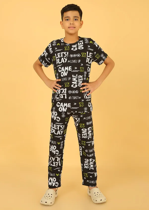 100%_Cotton_Knit_Half_Sleeves_Conversational_Print_Night_Suit_-Black
