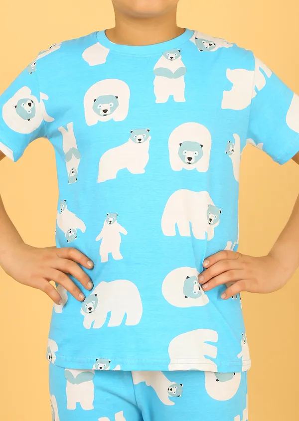 100%_Cotton_Half_Sleeves_Snow_Bear_Print_Night_Suit_-Light_Blue