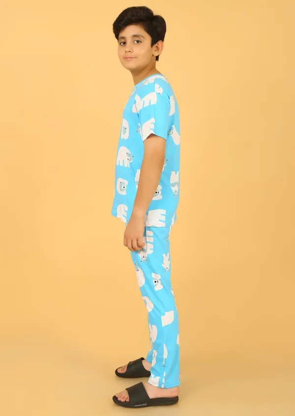 100%_Cotton_Half_Sleeves_Snow_Bear_Print_Night_Suit_-Light_Blue