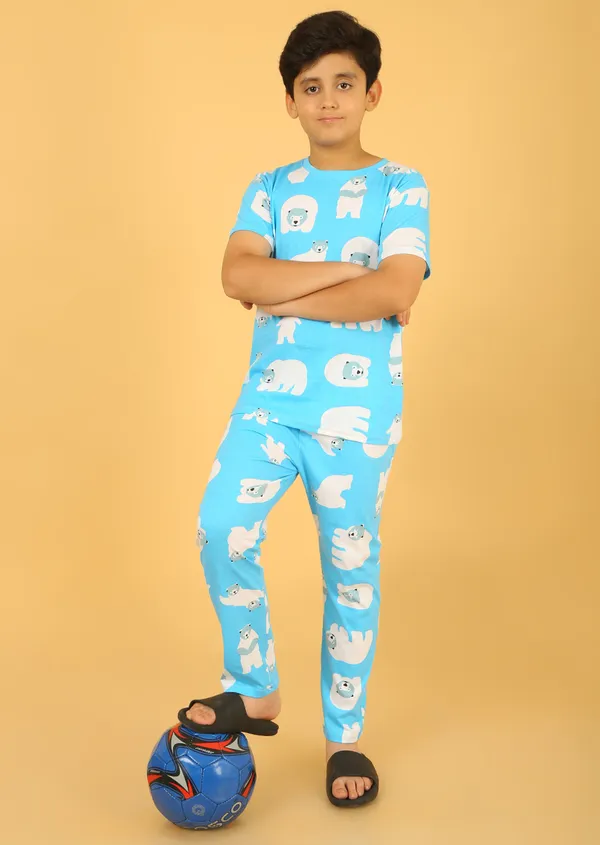 100%_Cotton_Half_Sleeves_Snow_Bear_Print_Night_Suit_-Light_Blue
