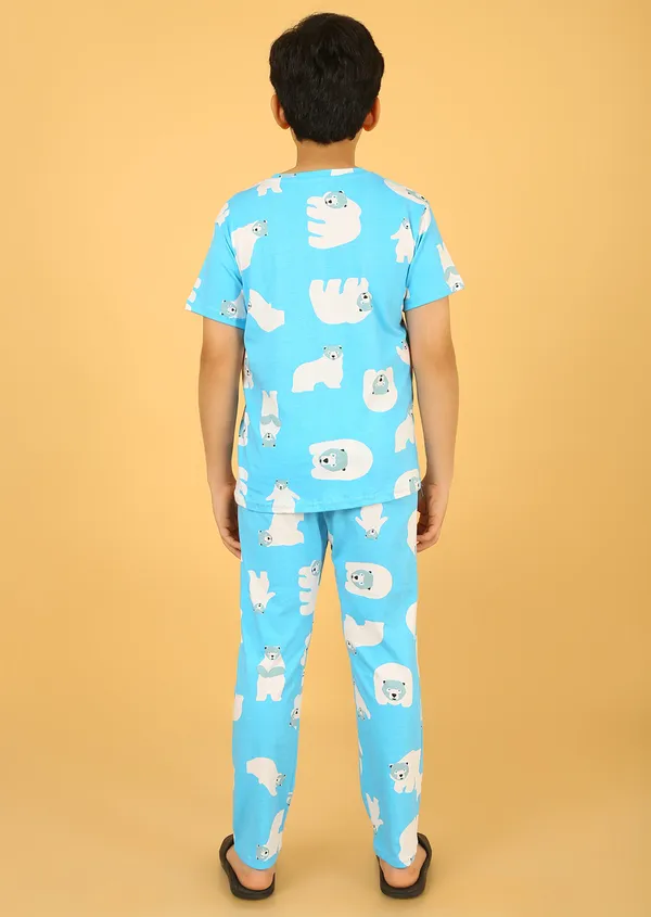100%_Cotton_Half_Sleeves_Snow_Bear_Print_Night_Suit_-Light_Blue