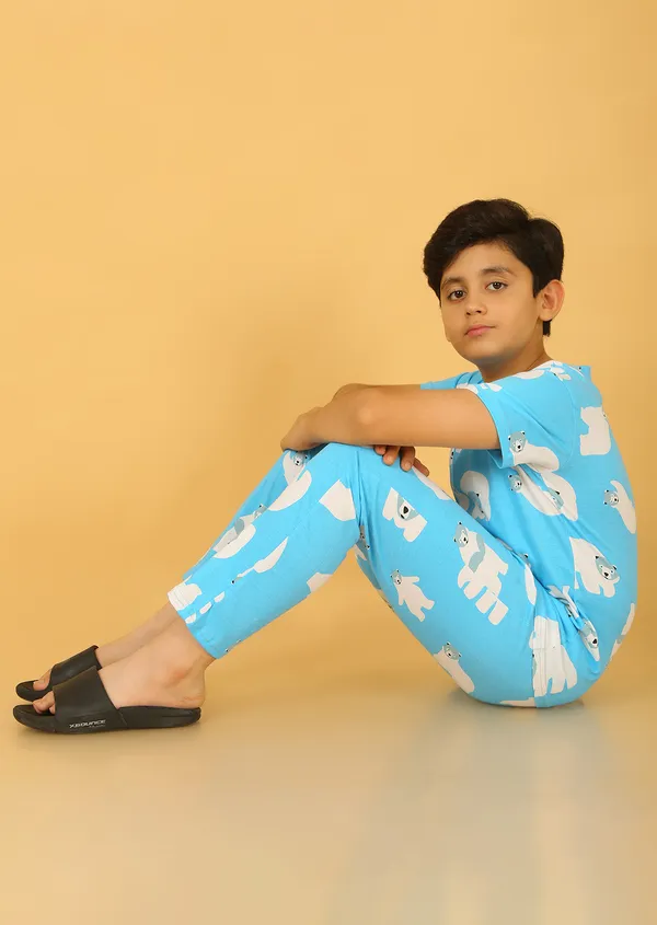 100%_Cotton_Half_Sleeves_Snow_Bear_Print_Night_Suit_-Light_Blue