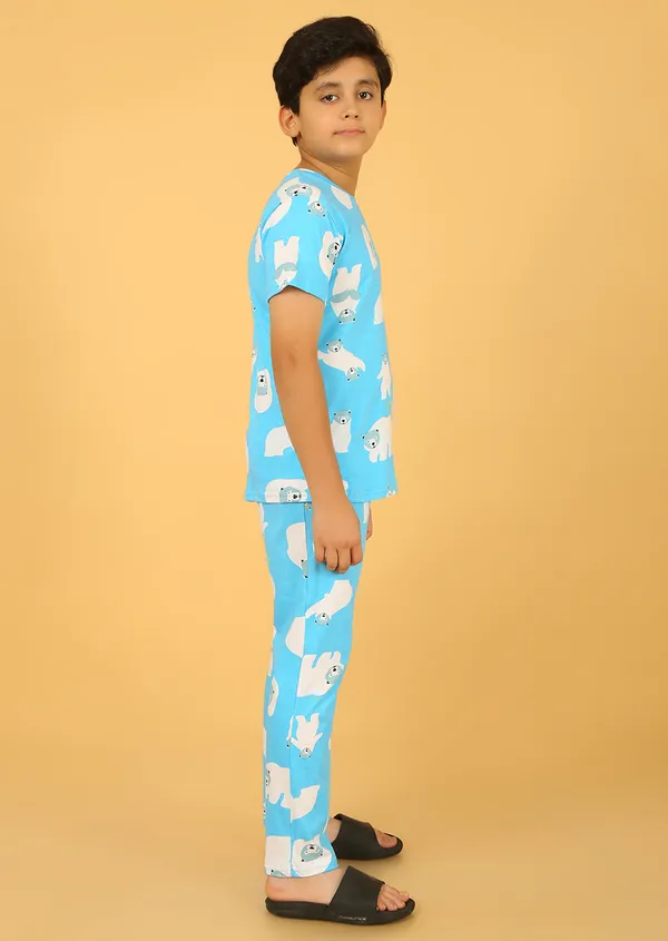100%_Cotton_Half_Sleeves_Snow_Bear_Print_Night_Suit_-Light_Blue