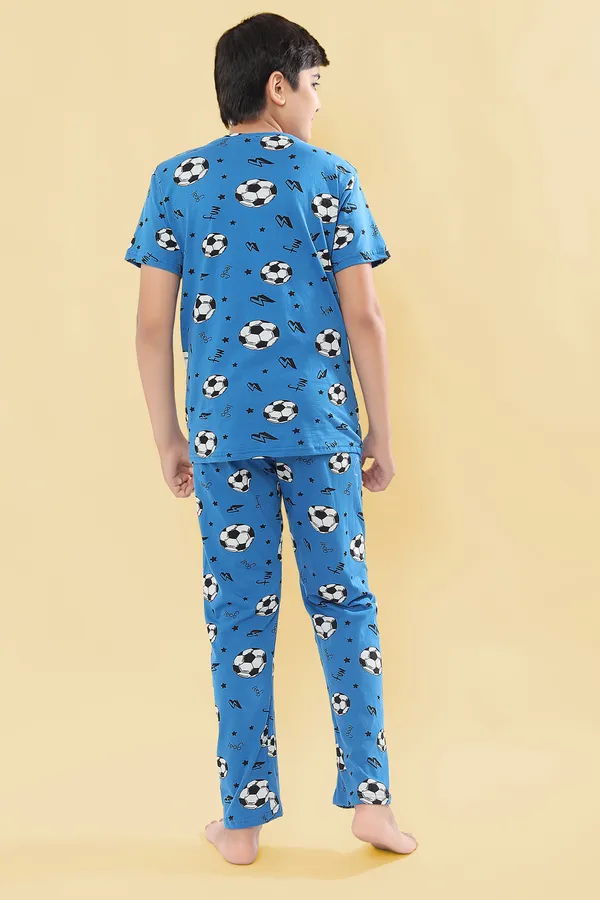 100_%_Cotton_Knit_Half_Sleeves_Coord_Set_With_T-Shirt_&_Lower_Football_Print-Blue_for_Boys