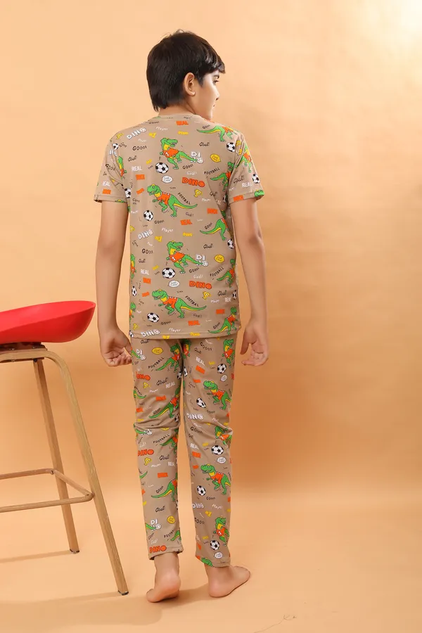 Dino_Print_100_%_Cotton_Knit_Half_Sleeves_Coord_Set_With_T-Shirt_&_Lower-Brown_for_Boys