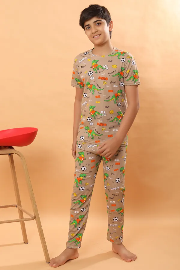 Dino_Print_100_%_Cotton_Knit_Half_Sleeves_Coord_Set_With_T-Shirt_&_Lower-Brown_for_Boys