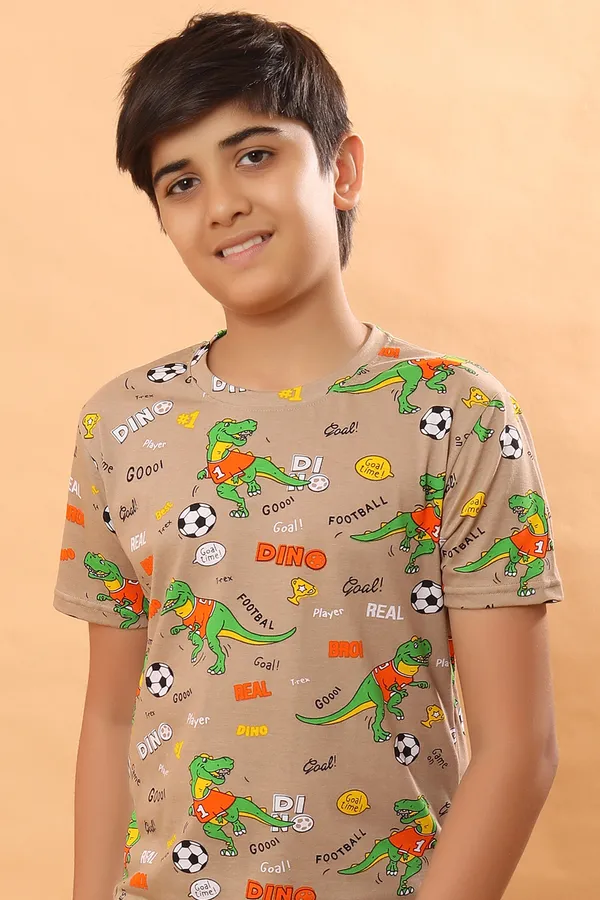Dino_Print_100_%_Cotton_Knit_Half_Sleeves_Coord_Set_With_T-Shirt_&_Lower-Brown_for_Boys