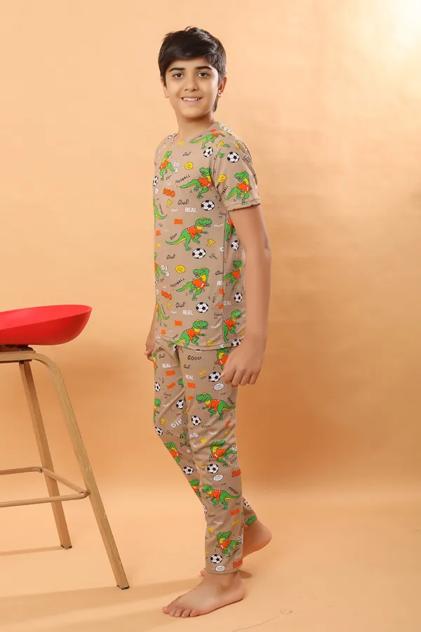 Dino_Print_100_%_Cotton_Knit_Half_Sleeves_Coord_Set_With_T-Shirt_&_Lower-Brown_for_Boys