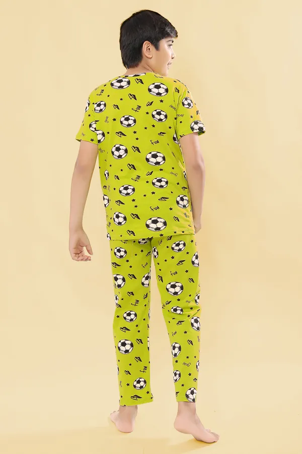 100_%_Cotton_Knit_Half_Sleeves_Coord_Set_With_T-Shirt_&_Lower_Football_Print-Green_for_Boys