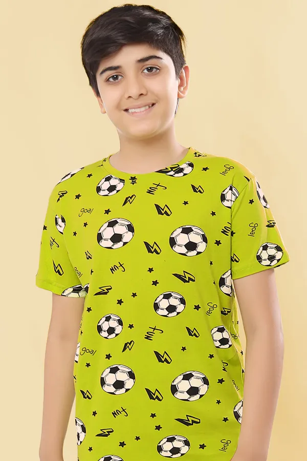 100_%_Cotton_Knit_Half_Sleeves_Coord_Set_With_T-Shirt_&_Lower_Football_Print-Green_for_Boys