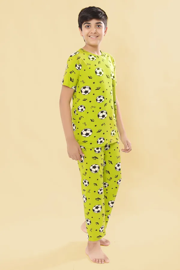 100_%_Cotton_Knit_Half_Sleeves_Coord_Set_With_T-Shirt_&_Lower_Football_Print-Green_for_Boys