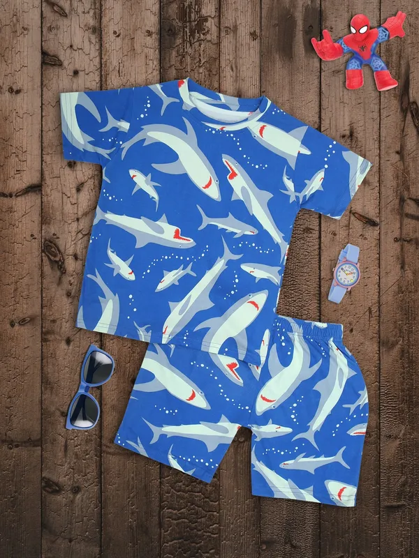 Cotton_Coord_Set_With_Shorts-Shark_Print_for_Boys