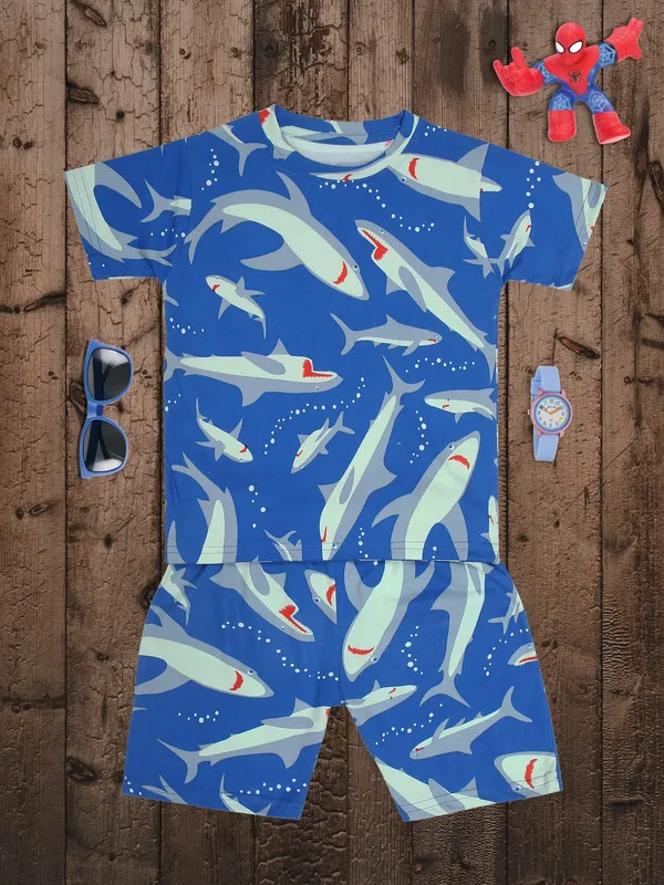 Cotton_Coord_Set_With_Shorts-Shark_Print_for_Boys