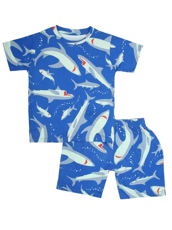 Cotton_Coord_Set_With_Shorts-Shark_Print_for_Boys