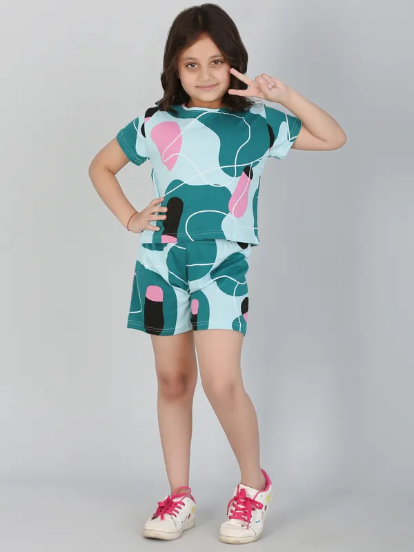 Abstract_Printed_Co_Ord_Set_With_Shorts_-_Green_for_Girls