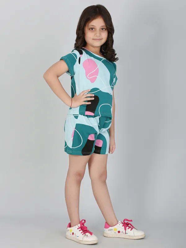 Abstract_Printed_Co_Ord_Set_With_Shorts_-_Green_for_Girls