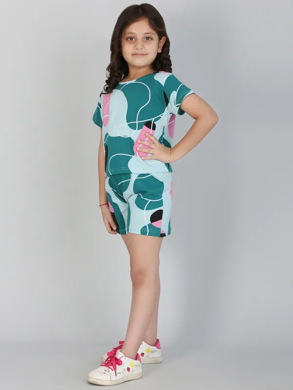 Abstract_Printed_Co_Ord_Set_With_Shorts_-_Green_for_Girls