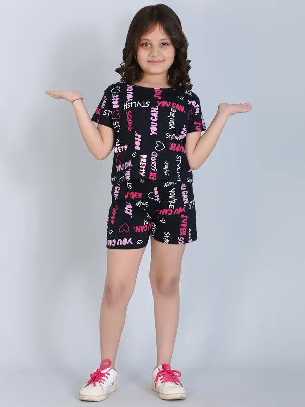 Coord_Set_With_Shorts_Text_Print_-Navy_Blue_for_Girls