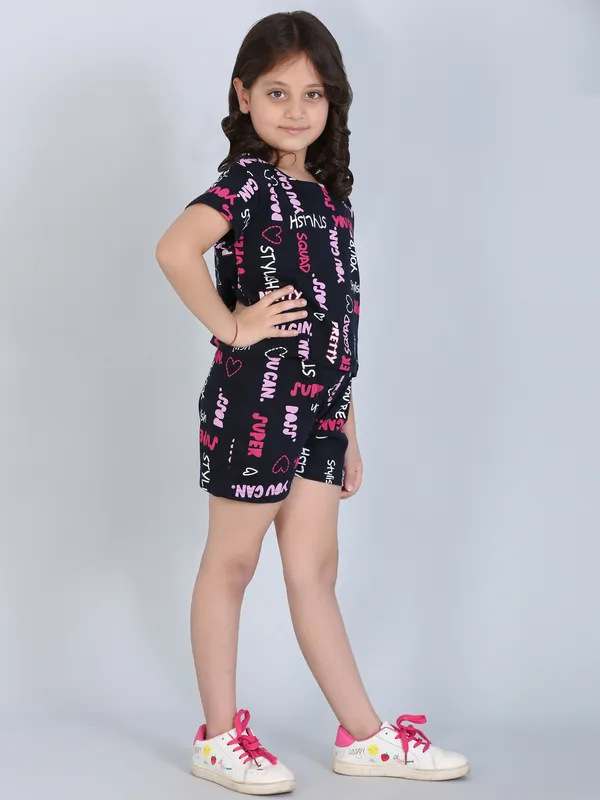 Coord_Set_With_Shorts_Text_Print_-Navy_Blue_for_Girls