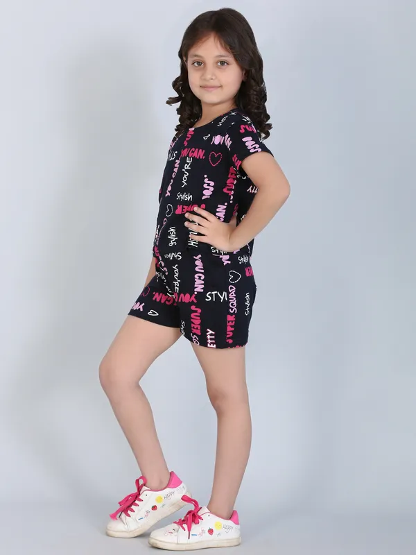 Coord_Set_With_Shorts_Text_Print_-Navy_Blue_for_Girls