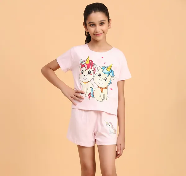 2_Unicorn_Coord_Set_With_Top_&_Shorts-Baby_Pink_for_Girls
