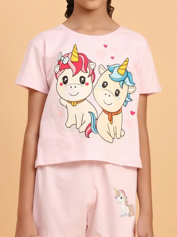 2_Unicorn_Coord_Set_With_Top_&_Shorts-Baby_Pink_for_Girls