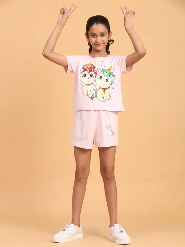 2_Unicorn_Coord_Set_With_Top_&_Shorts-Baby_Pink_for_Girls