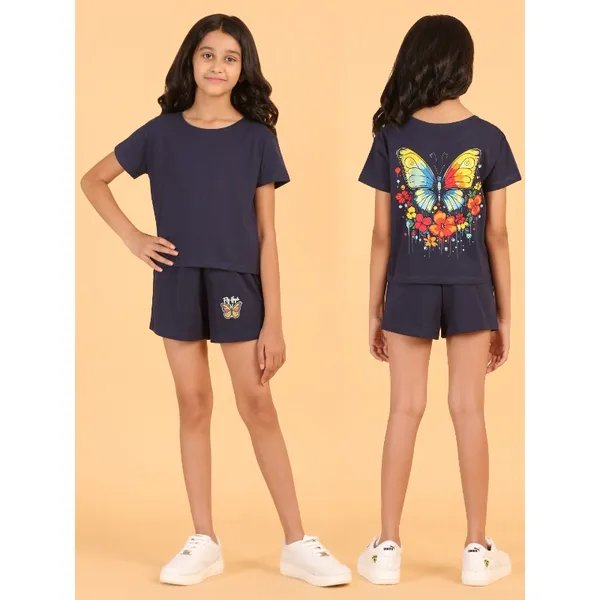 Butterfly_Back_Print_Coord_Set_With_Top_&_Shorts-Navy_Blue_for_Girls