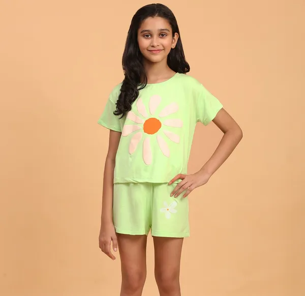 Big_Flower_Printed_Co_Ord_Set_Top_With_Shorts-Light_Green_for_Girls