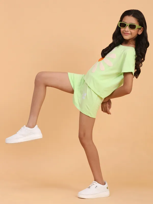 Big_Flower_Printed_Co_Ord_Set_Top_With_Shorts-Light_Green_for_Girls