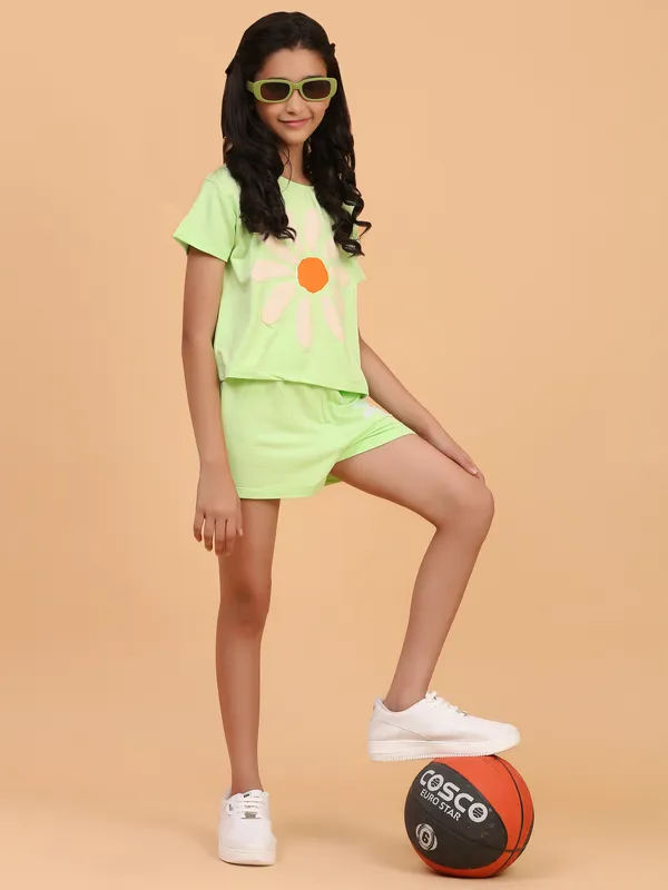 Big_Flower_Printed_Co_Ord_Set_Top_With_Shorts-Light_Green_for_Girls