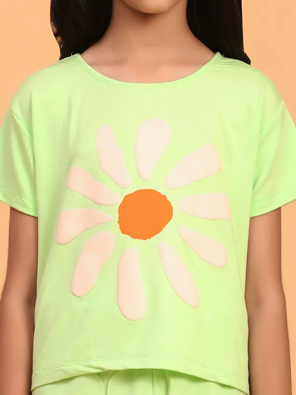 Big_Flower_Printed_Co_Ord_Set_Top_With_Shorts-Light_Green_for_Girls