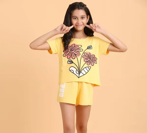 2_Flower_Print_Coord_Set_With_Top_&_Shorts-Yellow_for_Girls