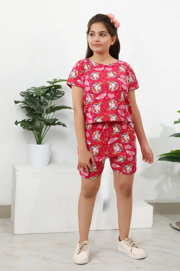 Coord_Set_With_Shorts_Unicorn_Print_-Magenta_for_Girls