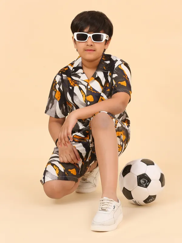 Cotton_Rayon_Coord_Set_With_Shorts_Black_&_Mustard_Abstract_Print_for_Boys